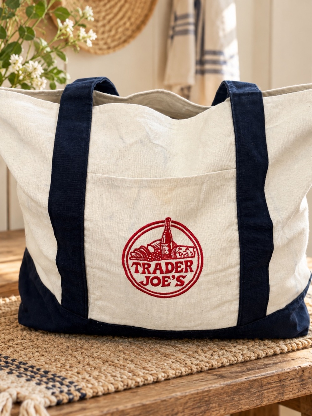 Trader Joe’s Large Canvas Tote Bag Navy Cream Red Logo Reusable Grocery